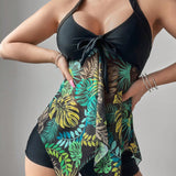 Swim Lushore Conjunto Tankini para mujer con cuello halter y estampado de hojas con diseno aleatorio para la playa en verano