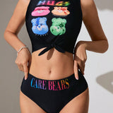 X Care Bears Mujeres tejido casual sin mangas, traje de bano tankini con impresion de letra de caricatura degradado