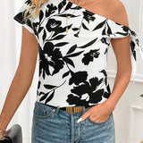 Clasi Blusa asimetrica de cuello floral negro y blanco con lazos en la parte delantera