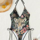Swim Vcay Traje de bano de una pieza con cuello halter estampado de tigre y tropical para mujeres en verano