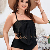 Swim Basics Conjunto de tankini de talla grande con pliegues solidos y dobladillo asimetrico