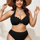 Swim Basics Conjunto de traje de bano de bikini de moda simple de talla grande para mujeres, unicolor, escote redondeado halter