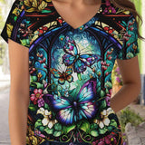 LUNE Plus Size Women\\\ Summer Butterfly Printed Round Neck Short Sleeve Casual T-Shirt