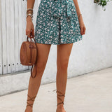 VCAY Pantalones cortos casuales de mujer de moda de verano con cintura ajustable con lazo y estampado floral de corte aleatorio