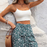 VCAY Pantalones cortos casuales de mujer de moda de verano con cintura ajustable con lazo y estampado floral de corte aleatorio