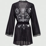 ROMWE Goth kimono gotico de encaje de pestanas con parche de estrella, luna, mariposa, polilla, calavera y malla impresa, ideal para el verano