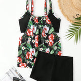 Swim Lushore Conjunto de camisola y shorts tankini huecos con estampado de plantas tropicales para mujer para vacaciones, impresion al azar