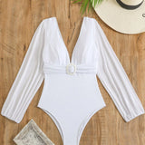 Swim Chicsea Traje de bano para vacaciones para damas con mangas largas de cuello V profundo de unicolor, simple y elegante