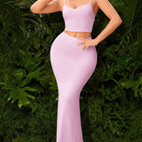 SXY Conjunto de 2 piezas para mujer: Falda de punto rosa casual, comoda, invisible, corte corto, ajuste delgado, corte midi y chaleco con dobladillo de sirena