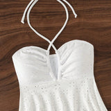 Swim Top Tankini de cuello halter con bordado de ojales y corbata ajustable para mujeres de playa y Bottom de bano