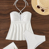 Swim Top Tankini de cuello halter con bordado de ojales y corbata ajustable para mujeres de playa y Bottom de bano