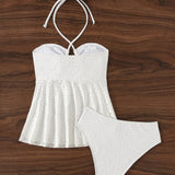 Swim Top Tankini de cuello halter con bordado de ojales y corbata ajustable para mujeres de playa y Bottom de bano