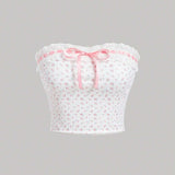 MOD Top sin tirantes tejido romantico para mujer de verano con impresion floral rosa, detalles de encaje y parches, Tops para mujer