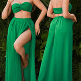 SXY Conjunto de 2 piezas para mujer de vacaciones de verano con top retorcido sin tirantes y falda suelta con abertura alta, color verde