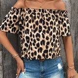 Camisa de estampado de leopardo de hombros descubiertos para mujer de verano para uso casual y vacaciones del Dia de la Madre en el Festival de Musica del Campo