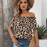 Camisa de estampado de leopardo de hombros descubiertos para mujer de verano para uso casual y vacaciones del Dia de la Madre en el Festival de Musica del Campo