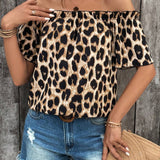 Camisa de estampado de leopardo de hombros descubiertos para mujer de verano para uso casual y vacaciones del Dia de la Madre en el Festival de Musica del Campo