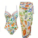 Swim Oasis Traje de bano estampado de plantas para mujeres con tirantes spaghetti y falda cubre-cintura para vacaciones