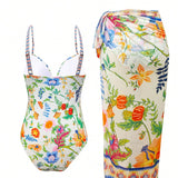 Swim Oasis Traje de bano estampado de plantas para mujeres con tirantes spaghetti y falda cubre-cintura para vacaciones