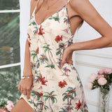 VCAY Floral Print V-Neck Spaghetti Strap Summer Casual Romper For Vacation