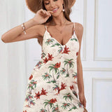 VCAY Floral Print V-Neck Spaghetti Strap Summer Casual Romper For Vacation