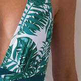 Swim Traje de bano de Halterneck sin espalda con profundo escote en V y estampado de plantas tropicales de moda para mujeres en vacaciones