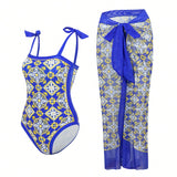 Swim Oasis Conjunto de 2 piezas para mujer en estampado floral para vacaciones con traje de bano de cuello halter, camisa y falda atadas