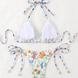 Swim Vcay Conjunto de bikini halter con estampado floral para mujeres, simple y moderno, ideal para vacaciones