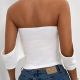 Prive Camiseta de textura plisada de tela de verano solida de hombro descubierto para mujer