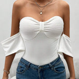 Prive Camiseta de textura plisada de tela de verano solida de hombro descubierto para mujer