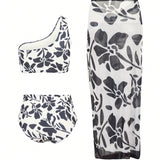 Swim Oasis Set de Bikini sin mangas con un hombro y estampado de Plantas para Mujer, Incluye Camisa y Falda de Cubierta, 3 piezas
