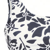 Swim Oasis Set de Bikini sin mangas con un hombro y estampado de Plantas para Mujer, Incluye Camisa y Falda de Cubierta, 3 piezas