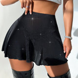 SXY Minifalda sexy y brillante con ribete de volantes para mujer
