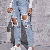 EZwear Mujeres Jeans casuales sueltos de estilo recto con agujeros rasgados y bolsillos