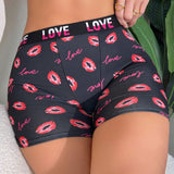 Pantalones cortos de boxeador impresos para mujer con labios romanticos y letras 1 pieza