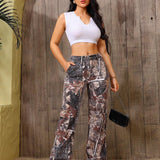 Tall Pantalones Jeans informales de mezclilla para mujer con estampado de graffiti y bolsillos de corte holgado