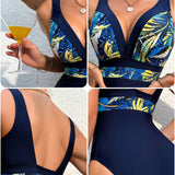 DD+ Traje de bano de una pieza con tirantes finos para mujer con estampado de moda para playa en verano