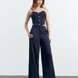 Maija Conjunto de dos piezas para mujer en azul oscuro de moda: top palabra de honor y pantalon con boton de un solo pecho y bolsillos