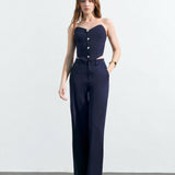 Maija Conjunto de dos piezas para mujer en azul oscuro de moda: top palabra de honor y pantalon con boton de un solo pecho y bolsillos