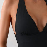 Swim Traje de bano solido de cuello V profundo sin respaldo y con lazo al cuello para mujeres