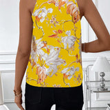 Blusa casual sin mangas de verano para mujer con impresion de flores amarillas y escote con muescas