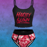 Harley Quinn | ROMWE Conjunto De Lenceria De Bralette De Tirantes Spaghetti Estampado Harlequin Y Panty De Triangulo De Bloques De Color Para Mujeres