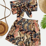 VCAY Conjunto De Pantalones Cortos Y Top Corto Sin Tirantes Estilo Vacaciones Para Mujer Con Estampado Floral