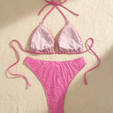 Swim Curve Conjunto de bikini a cuadros con cuello halter y talla grande para playa en verano