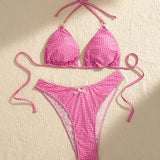 Swim Curve Conjunto de bikini a cuadros con cuello halter y talla grande para playa en verano