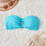 Swim Vcay Parte superior de bikini tipo bandeau texturizado de unicolor para vacaciones de verano en la playa para tallas grandes