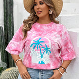 NEW  VCAY Plus Size Coconut Tree Print Casual Round Neck Short Sleeve T-Shirt, Perfect For Daily Wear In Spring And Summer