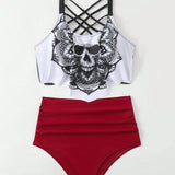 Swim Conjunto de tankini para playa de verano para mujer con top estampado de calavera cruzada y fondo de natacion fruncido