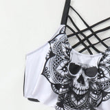 Swim Conjunto de tankini para playa de verano para mujer con top estampado de calavera cruzada y fondo de natacion fruncido