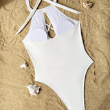 Swim SXY Traje de bano de una pieza sin espalda con diseno de halter y corte hueco para las vacaciones en la playa de verano